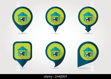 Cowshed flat mapping pin icon with long shadow, eps 10 Stock Vector