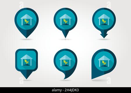 Greenhouse flat mapping pin icon with long shadow, eps 10 Stock Vector