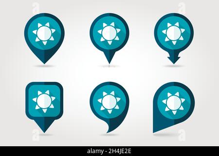 Sun flat mapping pin icon with long shadow, eps 10 Stock Vector