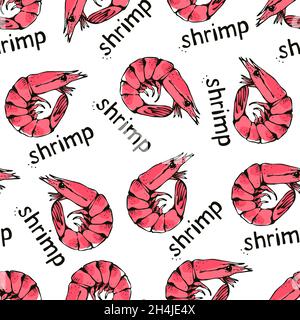Shrimp seamless vector pattern, hand drawn prawn background Stock Vector