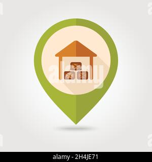 Shed flat mapping pin icon with long shadow, eps 10 Stock Vector