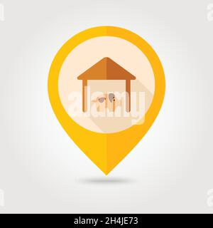 Pigsty flat mapping pin icon with long shadow, eps 10 Stock Vector