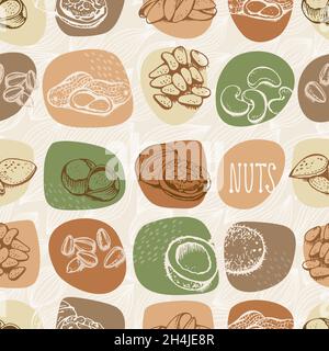 Nuts set vector seamless pattern, various nuts hand drawn spot background Stock Vector