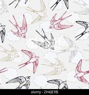 Swallow bird vector seamless pattern, hand drawn background Stock Vector