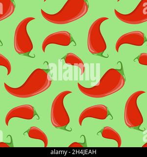 Seamless pattern, red chili jalapeno peppers on a green background, vector illustration for textiles, wallpaper and wrapping paper Stock Vector