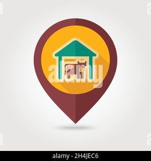 Cowshed flat mapping pin icon with long shadow, eps 10 Stock Vector