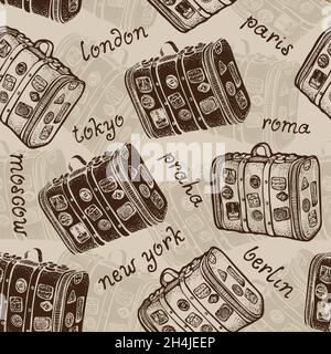 Vintage suitcase seamless vector pattern, old travel bag background Stock Vector