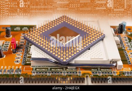 printed circuit board with PGA socket and central processor unit close up Stock Photo