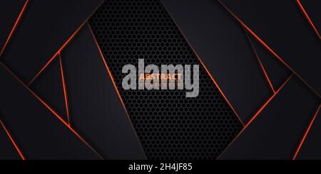 Dark grey and orange abstract vector background with hexagon carbon fiber. Technology background with honeycomb grid and orange luminous lines. Stock Vector