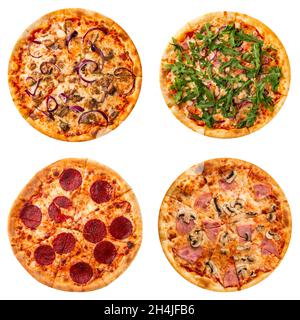 Collage set of four different pizzas for menu isolated Stock Photo