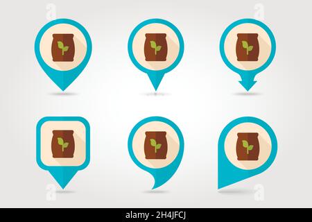 Fertilizer flat mapping pin icon with long shadow Present By Green Nitrogen, Potassium, Phosphorus and Leaf Sack, eps 10 Stock Vector