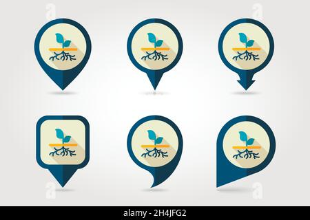 Plant with roots flat vector pin map icon. Map pointer. Map markers. Garden, eps 10 Stock Vector