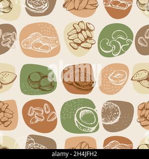 Nuts set vector seamless pattern, various nuts hand drawn spot background Stock Vector