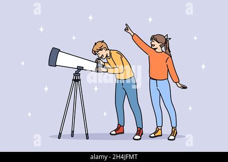 Astronomy and looking at stars concept. Smiling kids children boy and girl standing pointing at sky using telescope to watch space vector illustration Stock Vector