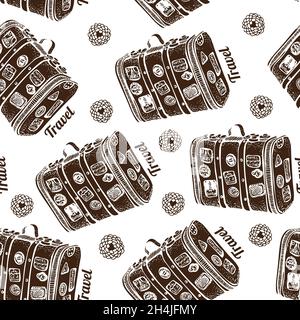 Vintage suitcase seamless vector pattern, old travel bag background Stock Vector