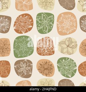 Floral vector pattern in doodle style with flowers and leaves on abstract spots, hand drawn seamless background Stock Vector