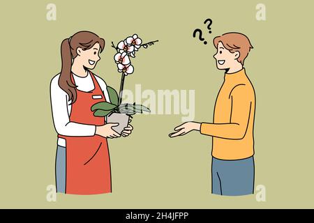 Communication in flower store concept. Young man client customer standing and asking girl florist about plant in pot vector illustration  Stock Vector