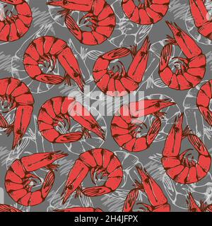 Shrimp seamless vector pattern, hand drawn prawn background Stock Vector