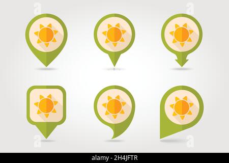 Sun flat mapping pin icon with long shadow, eps 10 Stock Vector