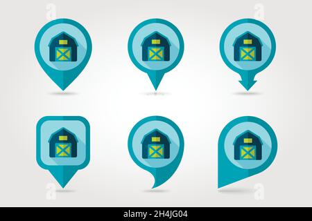 Barn house flat mapping pin icon with long shadow, eps 10 Stock Vector