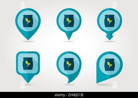 Fertilizer flat mapping pin icon with long shadow Present By Green Nitrogen, Potassium, Phosphorus and Leaf Sack, eps 10 Stock Vector