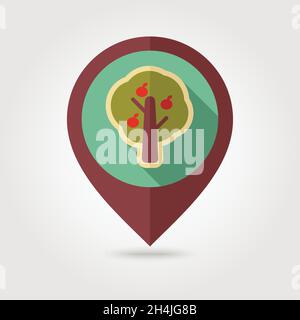 Fruit tree flat mapping pin icon with long shadow, eps 10 Stock Vector