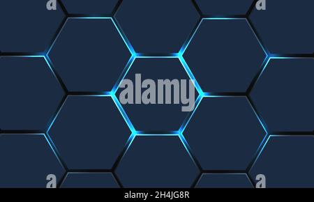 Dark 3d hexagonal technology vector abstract background. Blue bright energy flashes under hexagon in technology futuristic modern background. Stock Vector