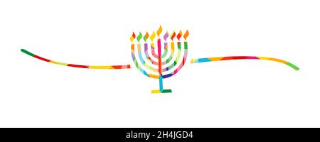 Hanukkah menorah colored stained glass, hand drawn divider shape. Hanukka colorful candelabrum icon with eight branches and line on white background Stock Vector