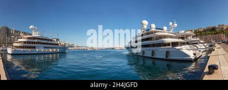 MONTE CARLO HARBOUR - AUGUST 8 2016: Panoramic web banner header of luxury boats yachts, Aug 8, 2016 in Monte Carlo, Monaco, Europe. Stock Photo