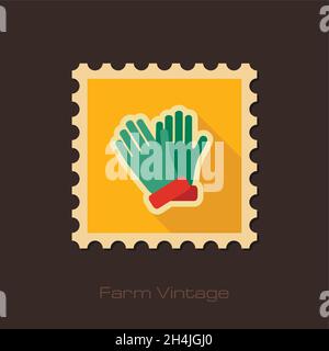 Rubber garden gloves retro flat stamp with long shadow. Icon for working in the garden. Vector illustration. Stock Vector