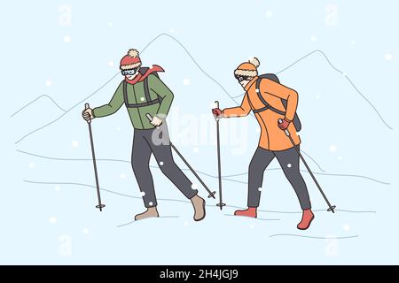 People in winter clothing hike in high mountains. Couple tourists climbers walk through heavy snow on mount peak. Climbing in wild nature, mounteering sport concept. Flat vector illustration.  Stock Vector