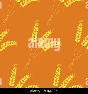 Seamless pattern, ear of wheat rye, vector illustration for textile three spikelets on an orange background Stock Vector
