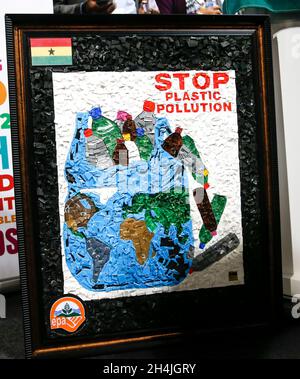 Glasgow, UK. 2nd Nov, 2021. An artwork calling for the stop of plastic pollution is seen at COP26 in Glasgow, Scotland, the United Kingdom on Nov. 2, 2021. The 26th United Nations Conference of Parties on Climate Change (COP26) opened here on Oct. 31 and is expected to conclude on Nov. 12. Credit: Han Yan/Xinhua/Alamy Live News Stock Photo