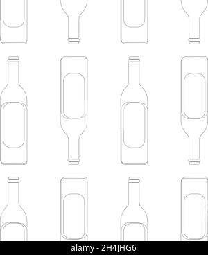Seamless wine bottle pattern. Black linear bottles on white background. Design element for tasting, menu, wine list, winery, shop. Vector one line sty Stock Vector