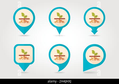 Plant with roots flat vector pin map icon. Map pointer. Map markers. Garden, eps 10 Stock Vector
