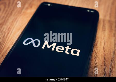 November 3, 2021. Barnaul, Russia: Meta logo is shown on a smartphone screen. Meta is the new corporate name of Facebook. Social media platform. Stock Photo