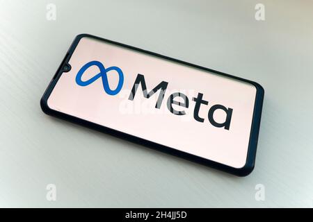 November 3, 2021. Barnaul, Russia: Meta logo is shown on a smartphone screen. Meta is the new corporate name of Facebook. Social media platform. Stock Photo