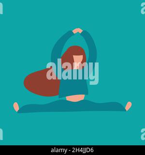 Young woman with long hair doing sports gymnastics stretching, simple female character, vector illustration Stock Vector