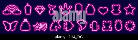 Big set of led fantasy birthday, food, animal neon frames in trendy color. Glow symbols and characters, unicorn, rainbow, butterfly, crown, star, cake Stock Vector
