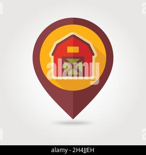 Barn house flat mapping pin icon with long shadow, eps 10 Stock Vector