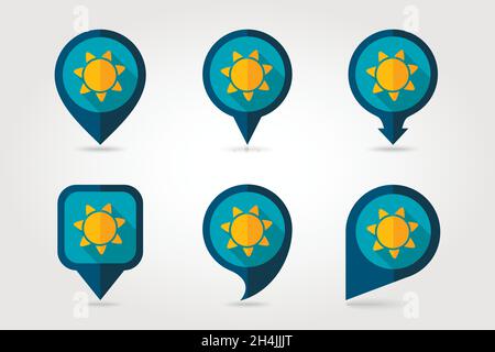 Sun flat mapping pin icon with long shadow, eps 10 Stock Vector