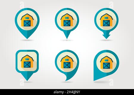 Barn house flat mapping pin icon with long shadow, eps 10 Stock Vector
