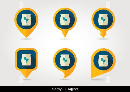 Fertilizer flat mapping pin icon with long shadow Present By Green Nitrogen, Potassium, Phosphorus and Leaf Sack, eps 10 Stock Vector
