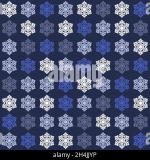 Repeating christmas seamless pattern, geometric ornament snowflake white blue tile mosaic background Stock Vector
