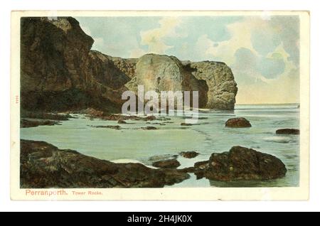 Early 1900's tinted colour postcard of Tower Rocks, Perranporth, Cornwall, 1908 Stock Photo