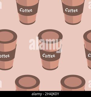 Cup with coffee seamless pattern, brown beige coffee drink glass, isometry vector illustration Stock Vector