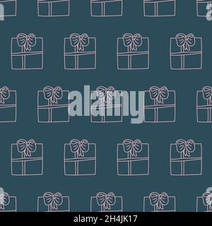 Gift box with a present, stroke on a dark background, hand drawing seamless pattern vector illustration Stock Vector