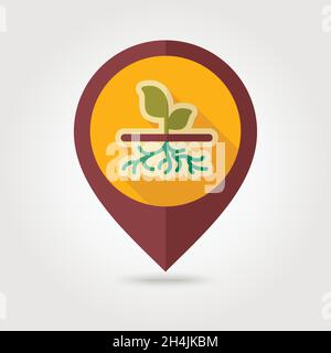 Plant with roots flat vector pin map icon. Map pointer. Map markers. Garden, eps 10 Stock Vector