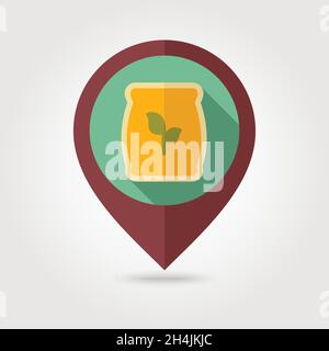 Fertilizer flat mapping pin icon with long shadow Present By Green Nitrogen, Potassium, Phosphorus and Leaf Sack, eps 10 Stock Vector
