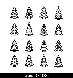 Set of 16 black and White Christmas tree icons. Simple cute Isolated trees on white background. Vector illustration Stock Vector